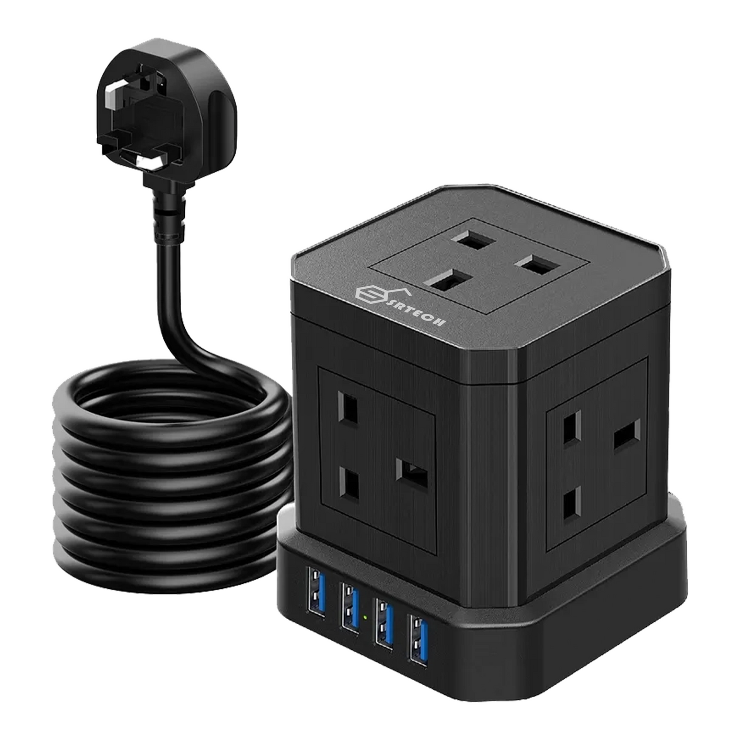 SRTECH, Power Strip, 5 WAY Plug electrcial extension Cord - Power Extension socket with multi Charging stations, Durable fused cord, Cube Black, 1-Year warranty (4 USB-A, 2 Meters)