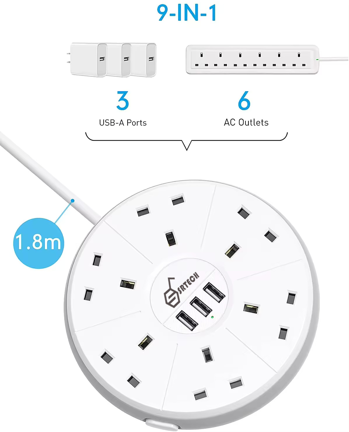 SRTECH 6-Outlet UK Extension Socket with USB Charging