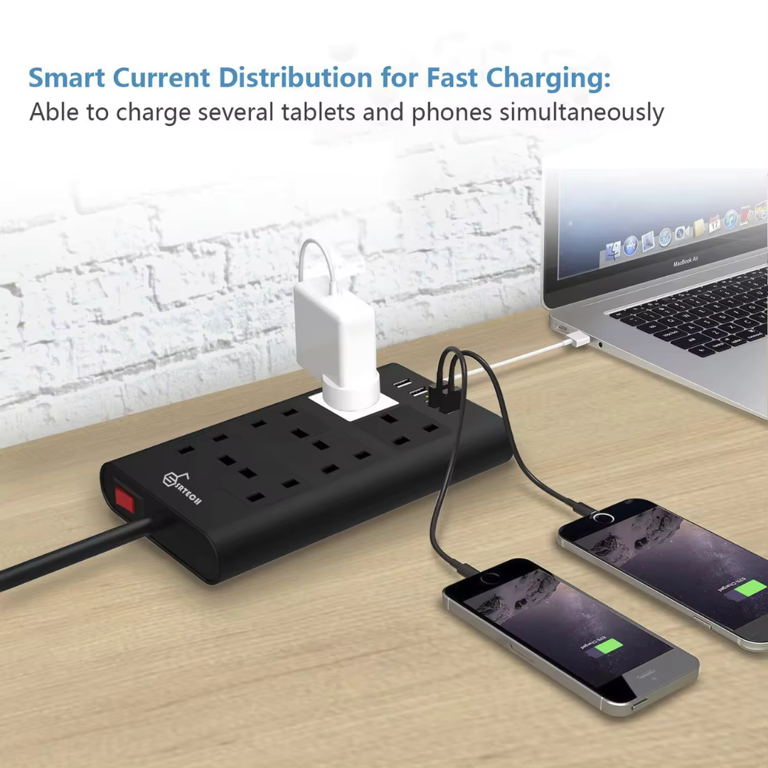 SRTECH 6-Outlet UK Extension Socket with 4 USB Ports