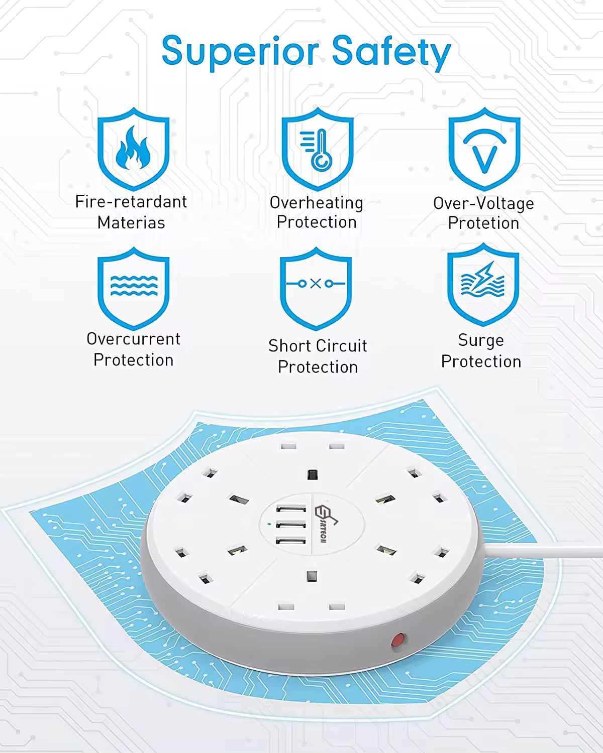 SRTECH 6-Outlet UK Extension Socket with USB Charging