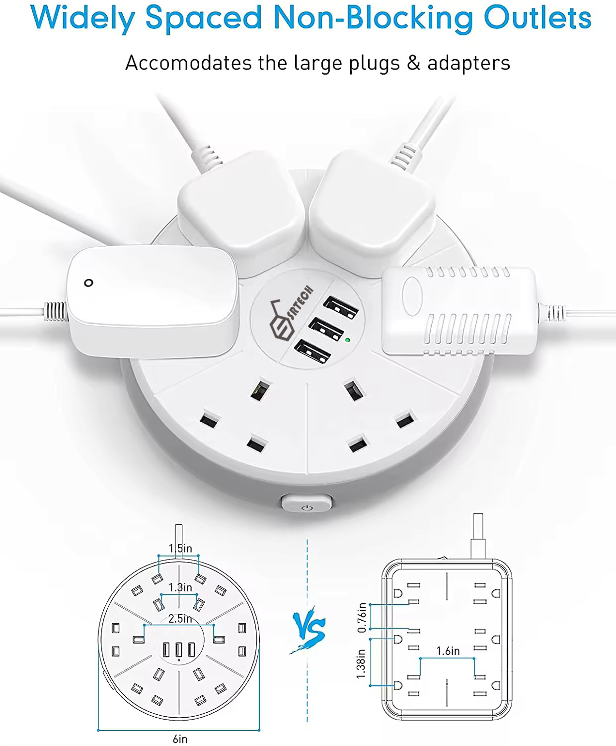 SRTECH 6-Outlet UK Extension Socket with USB Charging