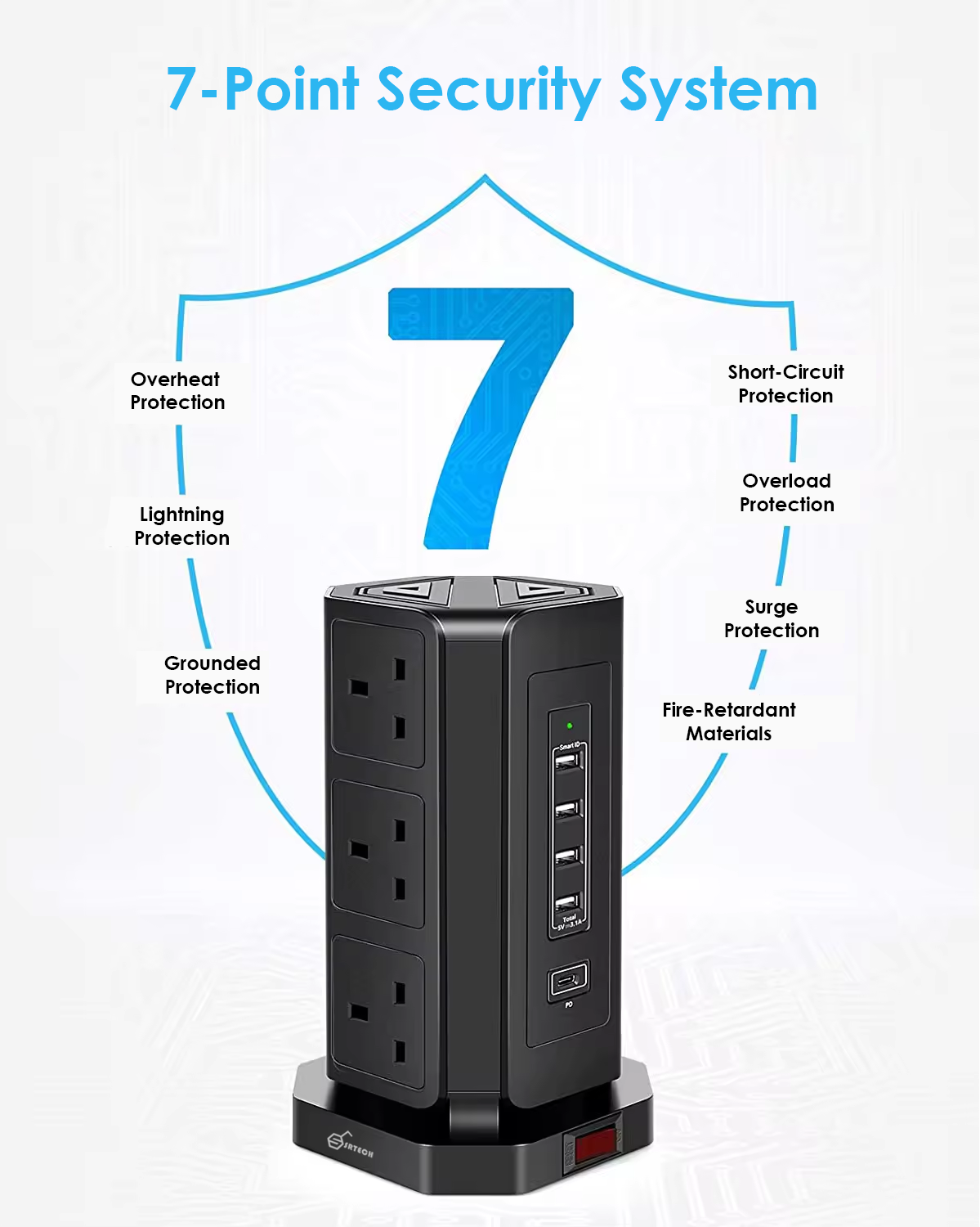 SRTECH 9-Outlet Power Tower With Fast Charging USB-C