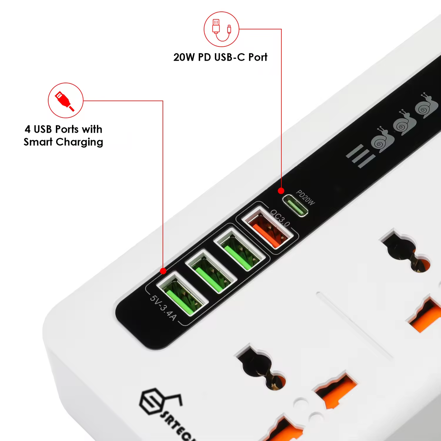 SRTECH 3-Outlet Universal Power Strip with USB-C