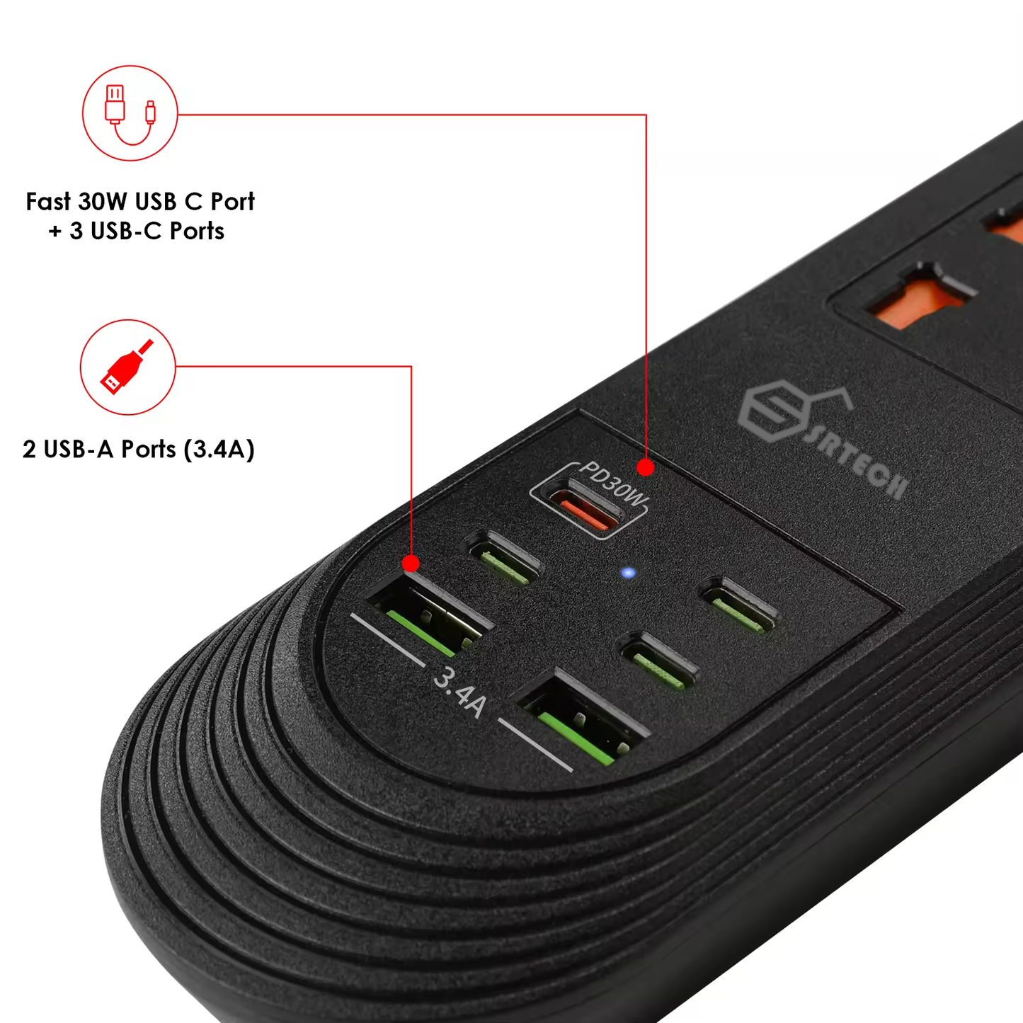 SRTECH 3-Outlet Universal Power Strip with 4 USB-C Ports