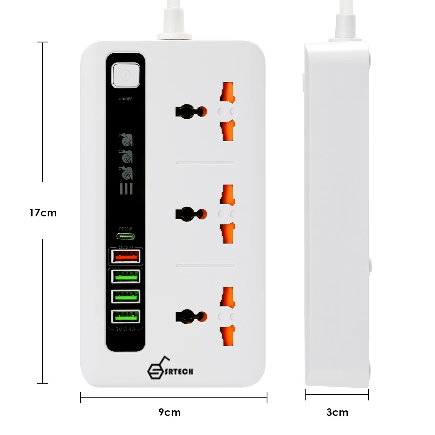 SRTECH 3-Outlet Universal Power Strip with USB-C