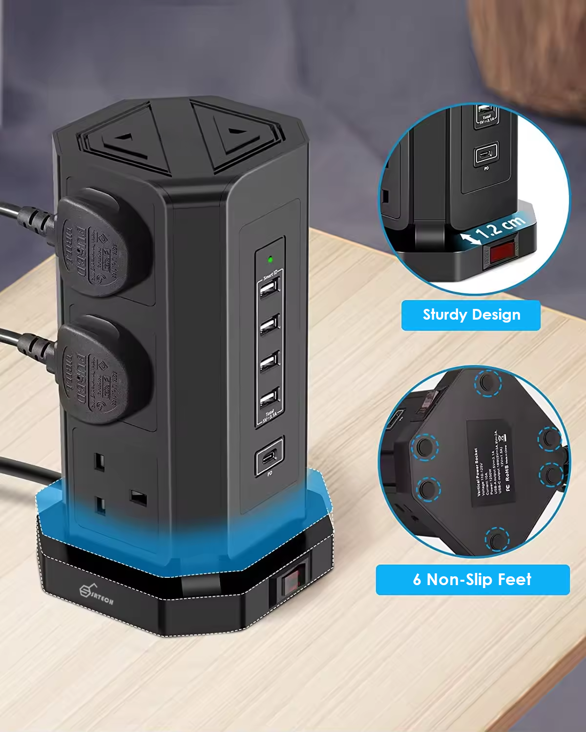 SRTECH 9-Outlet Power Tower With Fast Charging USB-C