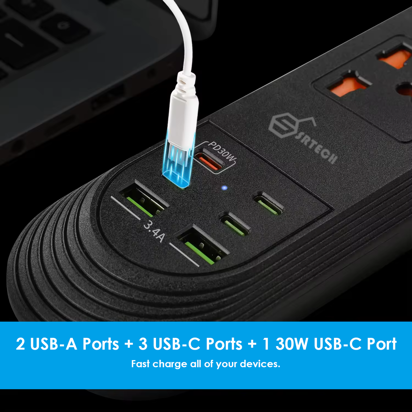 SRTECH 3-Outlet Universal Power Strip with 4 USB-C Ports