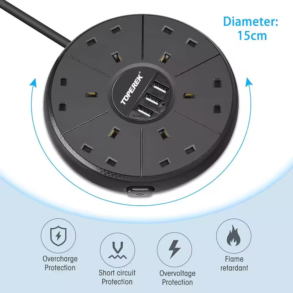 SRTECH 6-Outlet UK Extension Socket with USB Charging